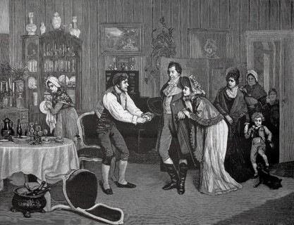 Unexpected visit by the family of the parents-in-law who suddenly stands in the room, 1880,