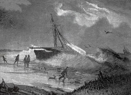 Stranded ship on the North Sea coast in Brittany, 1880, France, A shipwrecked ship on the beach