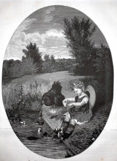 Girl sitting by the pond and feeding young ducks, 1880, Germany, angelic child sitting peacefully