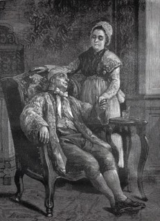 Woman visits her sick father who is sitting in an armchair, around 1880, A man relaxes in an