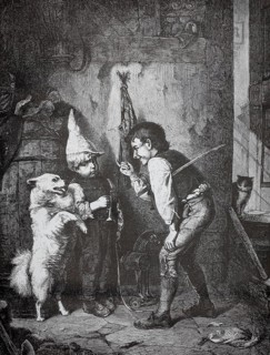 Two boys try to teach the domestic dog tricks, dressage, 1880, Germany, children playing with dog