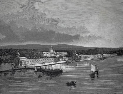 The exhibition building in Trieste, around 1881, Italy, harbor view with boats and historic