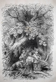 Children collect branches in the forest as firewood for home, 1880, Three children playing in