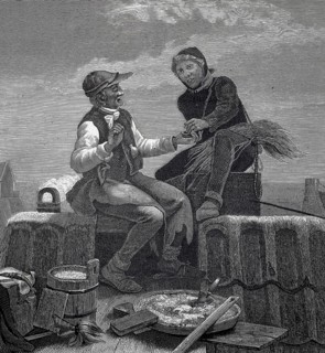 Chimney sweep and mason meeting and talking on a roof, snuff, craftsman offering another man a