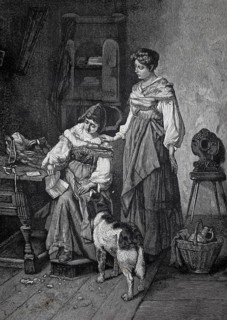 Sad news, woman has received a letter with sad news, girlfriend tries to comfort her, around 1870,