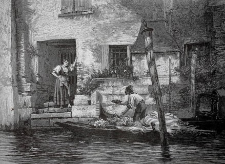 A fruit merchant in Venice has docked at a front door with his boat and offers his goods, 1880,