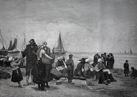 Families of fishermen on Scheveningen beach waiting for the boats to return, 1880, Netherlands,