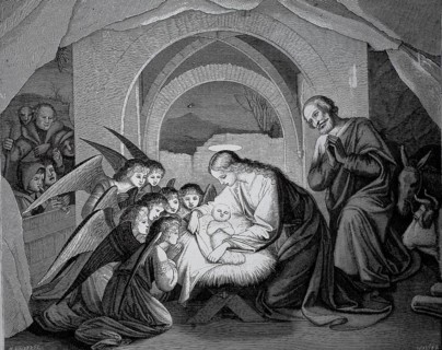 Angels at the crib, birth of Jesus, with his parents Mary and Joseph, Mary and Joseph admiring the
