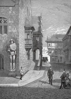 The town hall with Roland in Halberstadt in 1880, Saxony-Anhalt, Germany, A few people talking in a