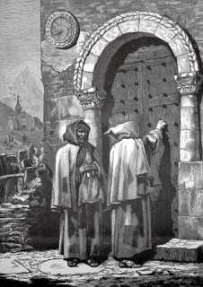 Spanish itinerant monks knocking on the gate of a monastery, 1880, Spain, Two monks knocking on an