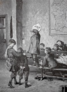 Children playing, tricksters, 1880, Germany, A child with a paper hat is looked at by other