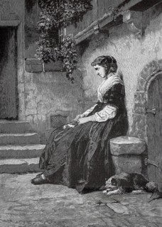 Lonely young woman sitting on a house wall, next to a small dog, sad, 1880, France, A young woman