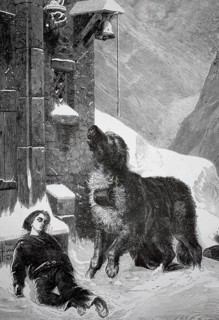 Saint Bernard, dog rescuing an unconscious child lying on church steps, 1880, Switzerland, A dog