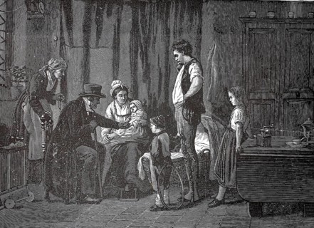 The doctor examines a sick toddler sitting on his mother's arms, family, living space, around 1880,