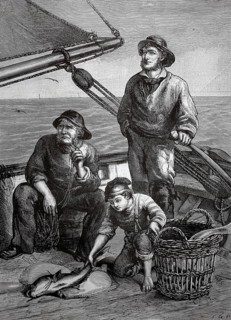 Fishermen return from fishing and have caught some fishermen, two men and a boy, apprentice, on the