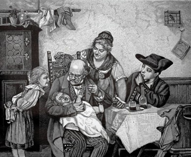 Bitter medicine, doctor gives a child a spoonful of medicine that he doesn't like. The family