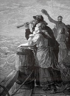 In search of a missing fishing boat, fisherman with a telescope searches the horizon, next to a