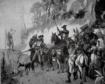 Spanish smugglers, around 1880, Spain, group of travelers with horses in a landscape, adventurous