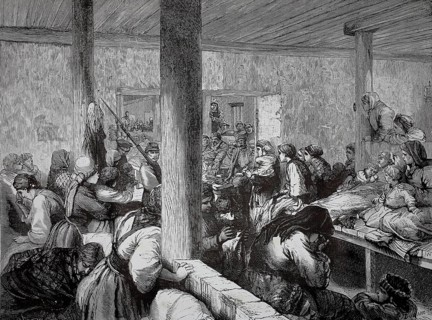 Prisoners and forcibly resettled people on their way to Siberia, 1880, large group of people