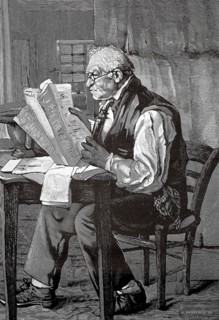 Old man reading a newspaper at a table, 1880, Germany, An elderly man concentrates on reading a