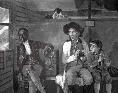 In the railroad compartment, a dark-skinned passenger with a suitcase is watched suspiciously by