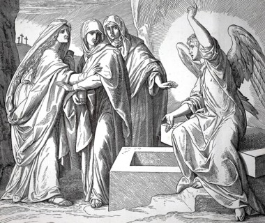 Biblical scene, the three woman at the grave of Jesus, angel proclaims a message of resurrection to