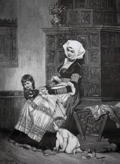 The children play hide and seek and the mother sits at the tiled stove and watches, 1880, Germany,