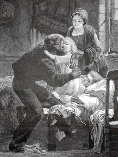 A miner says goodbye to his family in front of he goes to work, 1880, Germany, A loving moment