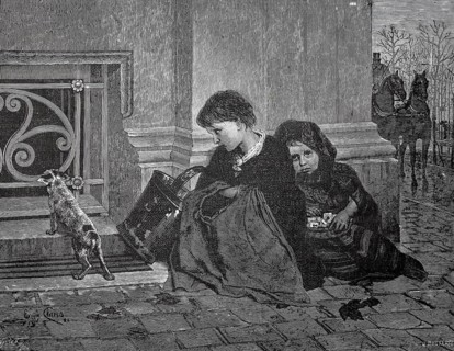 Two children, beggars, sitting on the street at a corner of a house, 1880, England, Two children