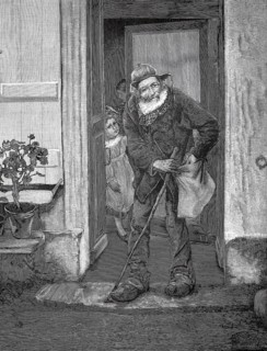 Old man, beggar, standing by a door and wrapping his alms in the bag, 1880, Holland, An elderly man