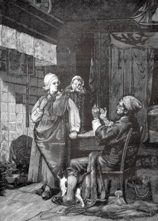 The fisherwoman returns home, the child sits in the basket and the old man receives her in the