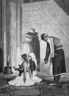Orthodox family praying in church, 1880, Greece, people praying in a mosque and wearing traditional