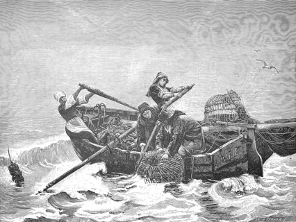 Crab fishermen on the French coast, trap, fishing boat, 1880, France, fishermen fighting stormy