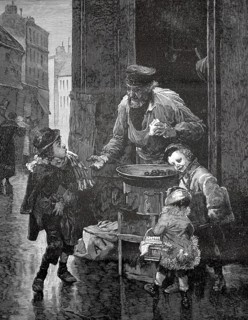 Chestnut roaster in the streets of Rome, demands payment from a boy first in front of the goods,