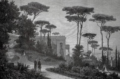 Monte Pincio, one of the most famous viewpoints in Rome, 1880, Italy, people walking in a