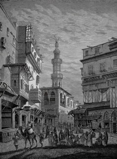 Street scene in Cairo around 1880, Egypt, oriental street scene with towers, lively market and