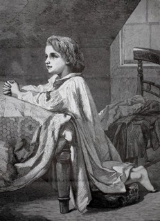 Child kneeling at bed for evening prayer, 1880, Germany, A child kneels in a nightgown praying at