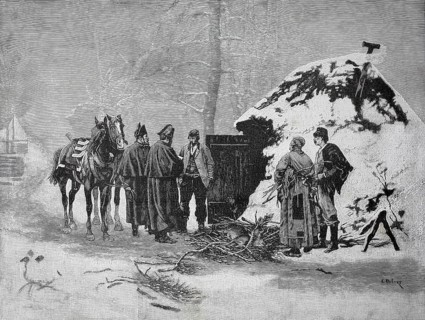 Poacher is interrogated by gendarmes, 1880, Austria, men talking next to horses and a snow-covered