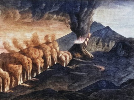 Eruption of Etna on August 29, 1874. Crevice formation and lateral cone, Sicily, Italy, authentic