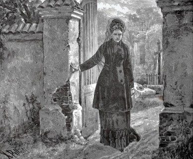 Widow in the cemetery on All Souls' Day, mourning, 1880, Germany, A woman in a cloak stands at an