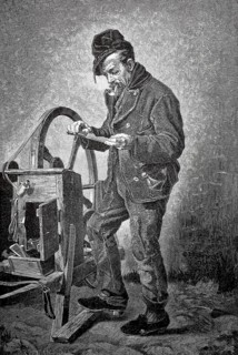 Old man with pipe as a craftsman, scissor grinder at work, 1880, Germany, A man concentrates on a