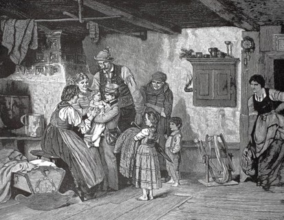 Homecoming of the young student who is welcomed by his family, 1880, Austria, A family gathers in a
