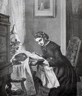 Young woman sewing at home, 1880, Germany, A woman sitting at a table and sewing concentrated, in