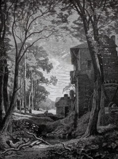 View of a mill with a mill wheel on a stream, 1880, Germany, A winding forest path leads past old
