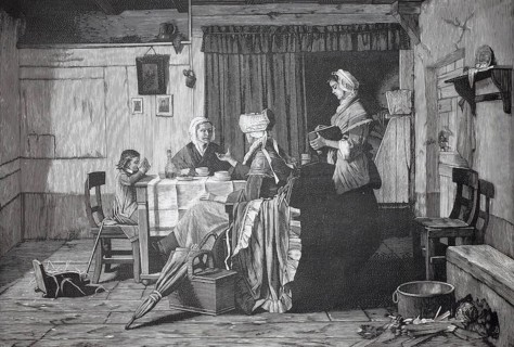 Visiting girlfriends on Sunday morning, 1880, Holland, A family gathers in a rustic dining room,