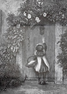 Little girl with a basket stands at the front door and doesn't come to the knocker, a little girl