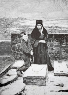 In the cemetery, widow and her son pray at the grave of the deceased father, 1880, A woman and a