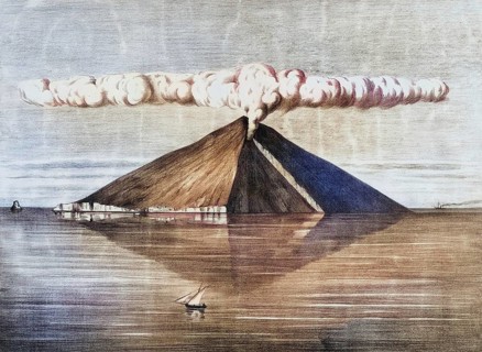 Stromboli volcano, seen from the northwest, Lipari Islands, Italy, authentic reproduction of a