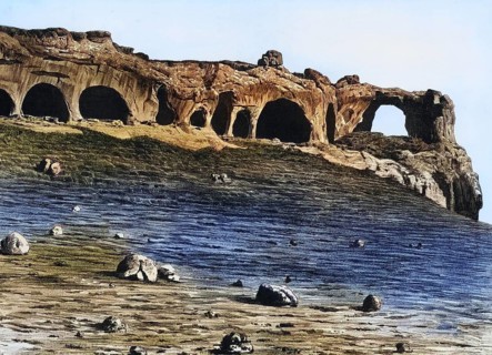 Caving due to weathering in the Gault sandstone of Koltso-gora, Ringberg, in the Caucasus,