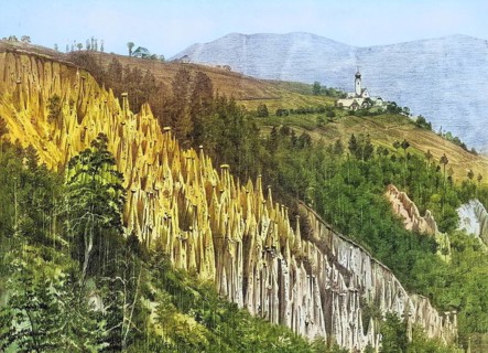 Earth pyramids on Ritten near Bolzano, South Tyrol, Italy, authentic reproduction of a school